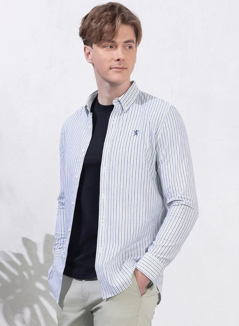 GIORDANO Men's Cotton Oxford Shirt - Small Lion Embroidery, Slim Fit, Full Button