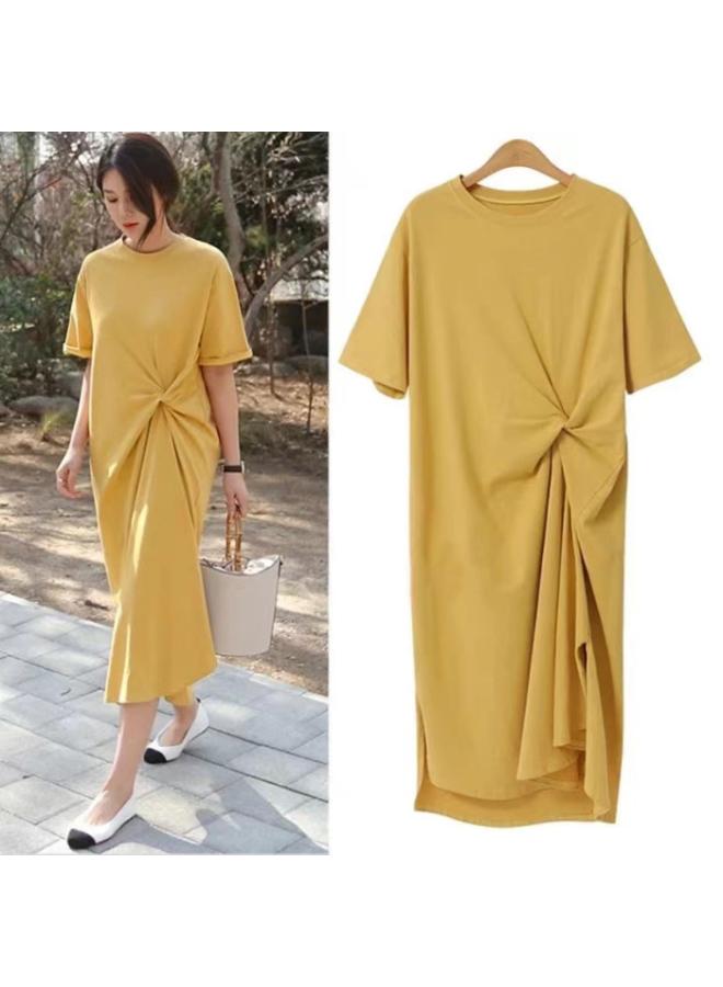 Women's Short-sleeved T-shirt Summer New Korean Style Plus Size Women's Loose Slimming Over-the-knee Long T-shirt Dress Top Clothes