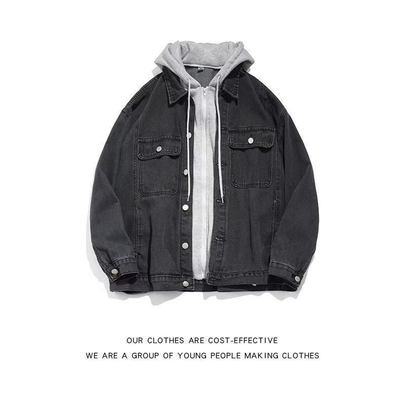Vintage Fake Two-piece Denim Jacket Autumn American Mens High Street Trendy Brand Loose Youth Jacket Hooded Top Clothes Black
