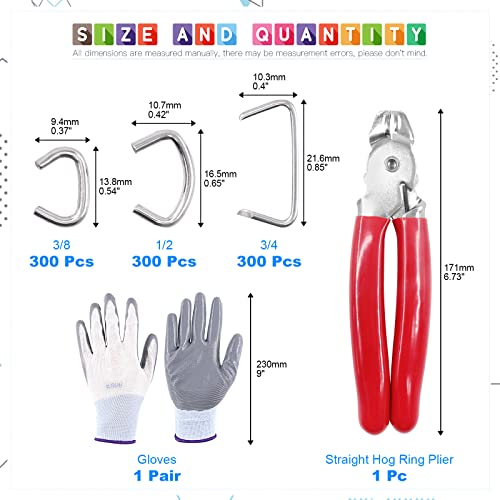 Glarks 902Pcs Hog Ring Pliers with Hog Rings Kit, 900Pcs 1/2'' 3/4'' 3/8'' Steel Hog Rings with Hog Ring Pliers and Anti-Cutting Gloves for Upholstery, Fencing, DIY Craft, Furniture and more - Image 2