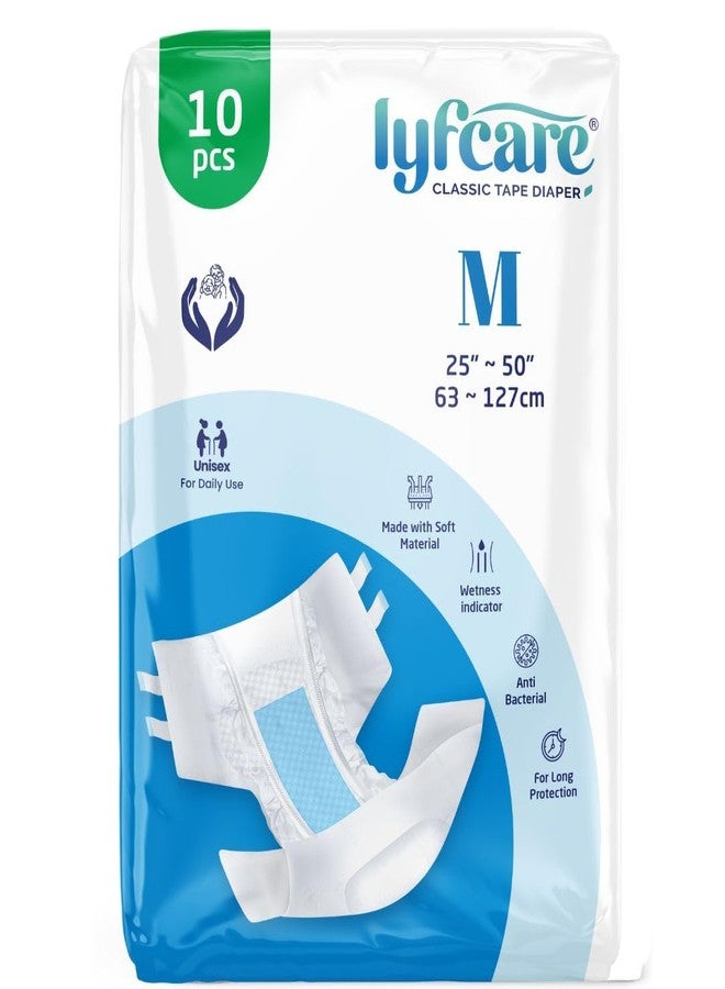 Lyfcare Open Tape Adult Diaper Medium Size (M) - 10 Units | Unisex Diapers Open Tape Style | Waist (63-127 cm) | Wetness Indicator, Super Absorption, 360° Protection & 0% Leakage | For Men & Women