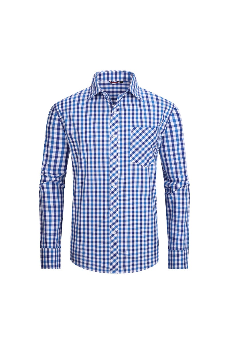 JupiterSecret Men's Plaid Button Down Shirts Cotton Long Sleeve Dress Shirt Business Casual Regular Fit Shirts with Pocket (Blue,L) - Image 1