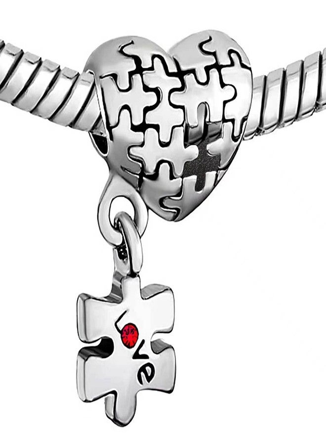 MiiFort Autism Awareness Jigsaw Puzzle Love Heart Dangle Charm Compatible with Pandora Bracelets Red CZ Support Women Christmas Family Daughter Sister Granddaughter - Image 2