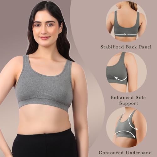 LAVOS Bamboo Cotton Everyday Sports Bra for Women Non Padded Full Coverage, Non Wired Soft Breathable Broad Strap Training Bras for Womens, Yoga, Workout, Gym Bra for Girls/Women Grey - Image 4