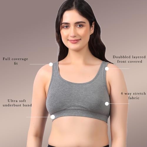 LAVOS Bamboo Cotton Everyday Sports Bra for Women Non Padded Full Coverage, Non Wired Soft Breathable Broad Strap Training Bras for Womens, Yoga, Workout, Gym Bra for Girls/Women Grey - Image 5