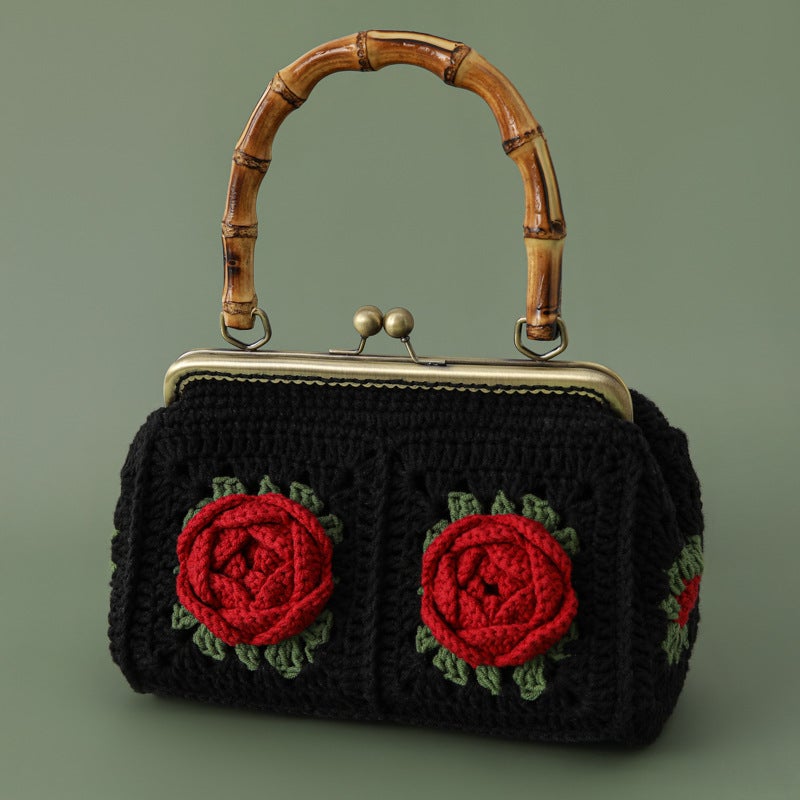 Republic Of China Style Creative Hand-Woven Gold Bamboo Bag Season 2 Big Rose Handbag Camellia Knitted Bag - Image 1