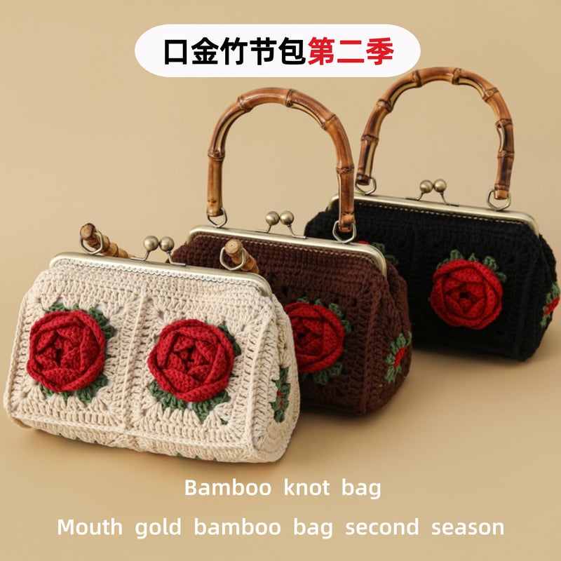 Republic Of China Style Creative Hand-Woven Gold Bamboo Bag Season 2 Big Rose Handbag Camellia Knitted Bag - Image 2