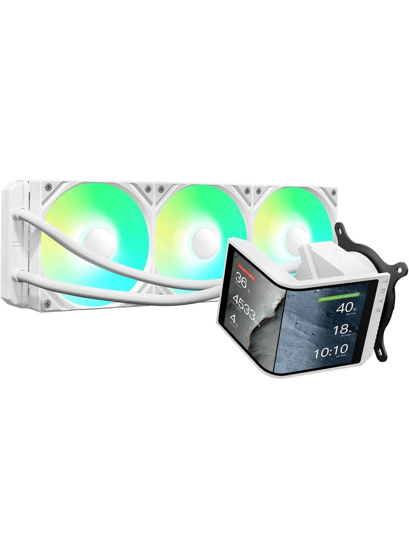 TRYX PANORAMA SE 360 ARGB White 360mm AIO Rotatable 6.67'' AMOLED Curved Screen 3D Anamorphic Effect Customizable AIO Cooler 360mm White Asetek Adela 280w TDP Intel LGA 1851/1700/1200/115X AMD AM5/AM4  - Image 1