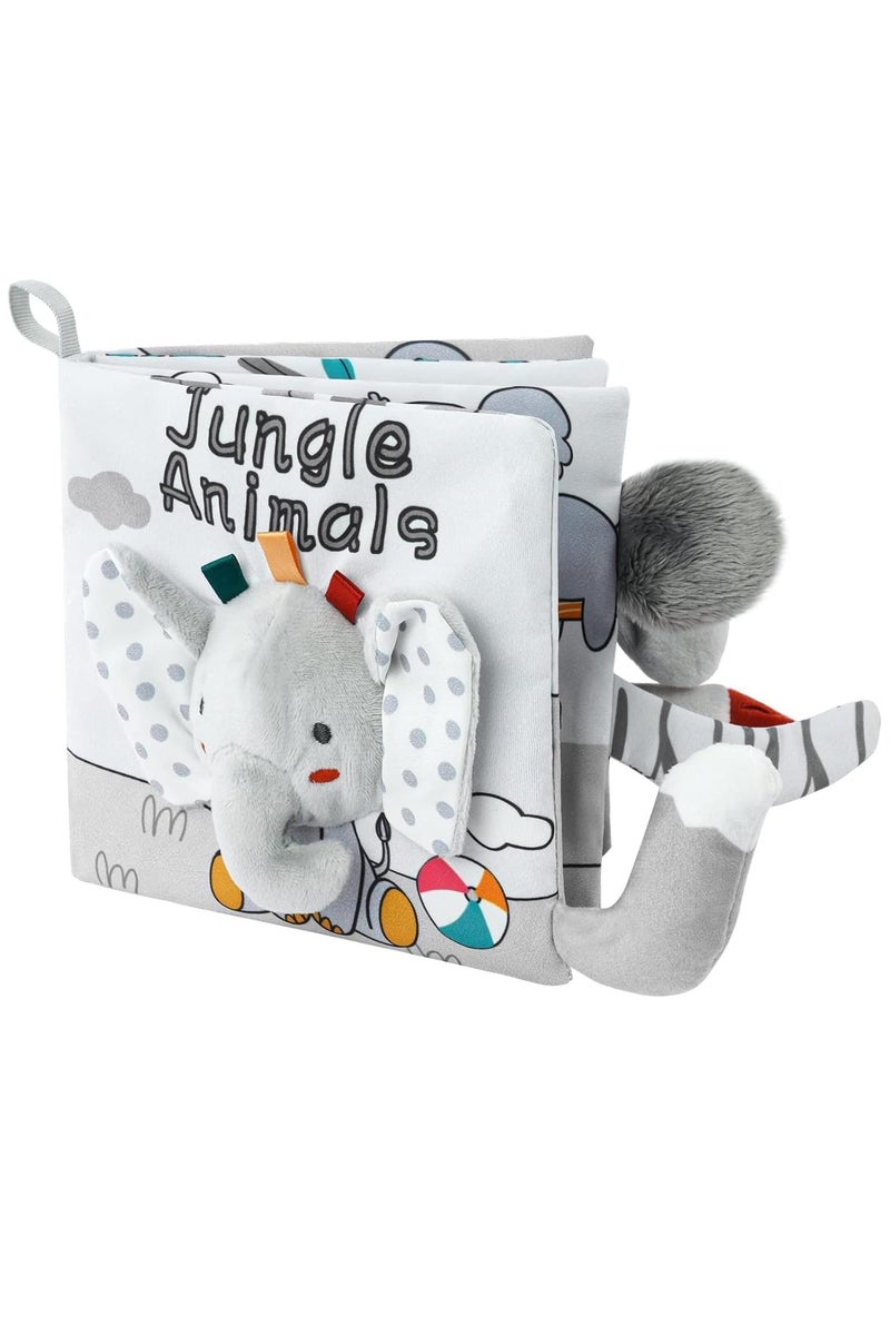 Baby Books, Nontoxic Cloth Book, Soft Crinkle Fabric 3D Touch Feel High Contrast Sensory Books for 0-12 Months Babies, Newborn Touch Feel Activity Early Development Toy (Grey and White Elephant) - Image 1