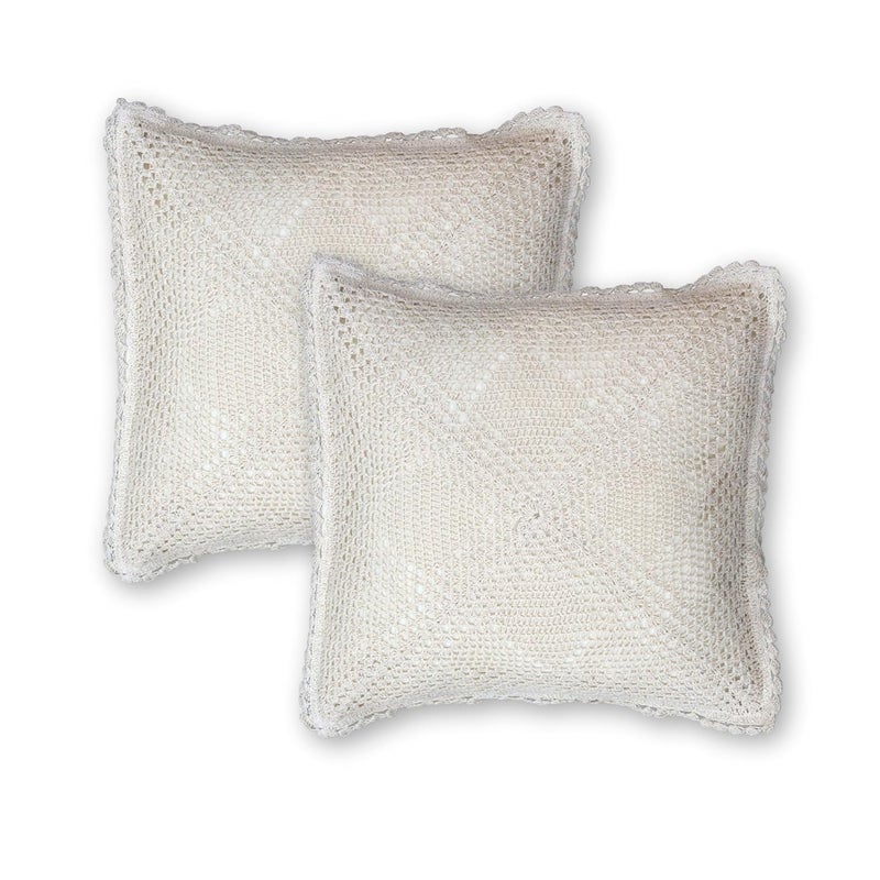 Peepul Tree Handmade Crochet Cotton Cushion Pillow Cover Boho Home Decor Quad Pattern for Sofa Set Bed Living Room Bedroom with Back Zipper 16 x 16 Inches Off White Color Pack of 1 - Image 1
