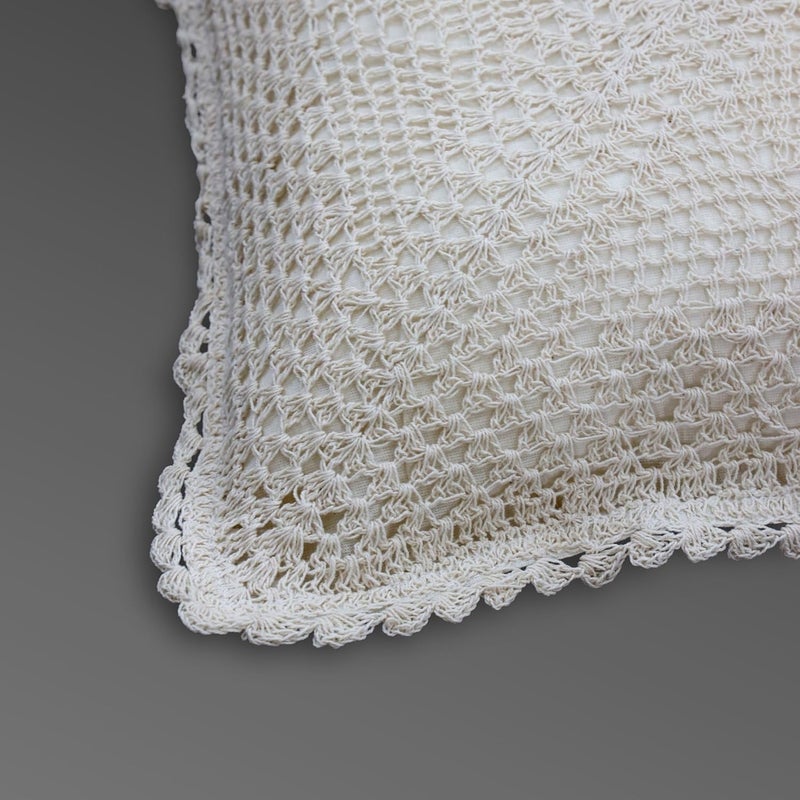 Peepul Tree Handmade Crochet Cotton Cushion Pillow Cover Boho Home Decor Quad Pattern for Sofa Set Bed Living Room Bedroom with Back Zipper 16 x 16 Inches Off White Color Pack of 1 - Image 2