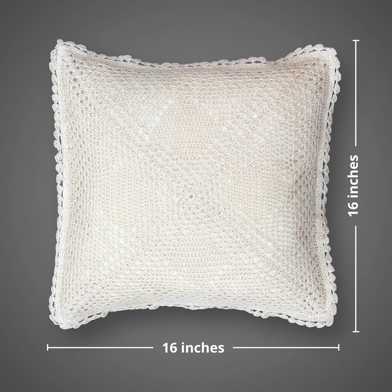 Peepul Tree Handmade Crochet Cotton Cushion Pillow Cover Boho Home Decor Quad Pattern for Sofa Set Bed Living Room Bedroom with Back Zipper 16 x 16 Inches Off White Color Pack of 1 - Image 5