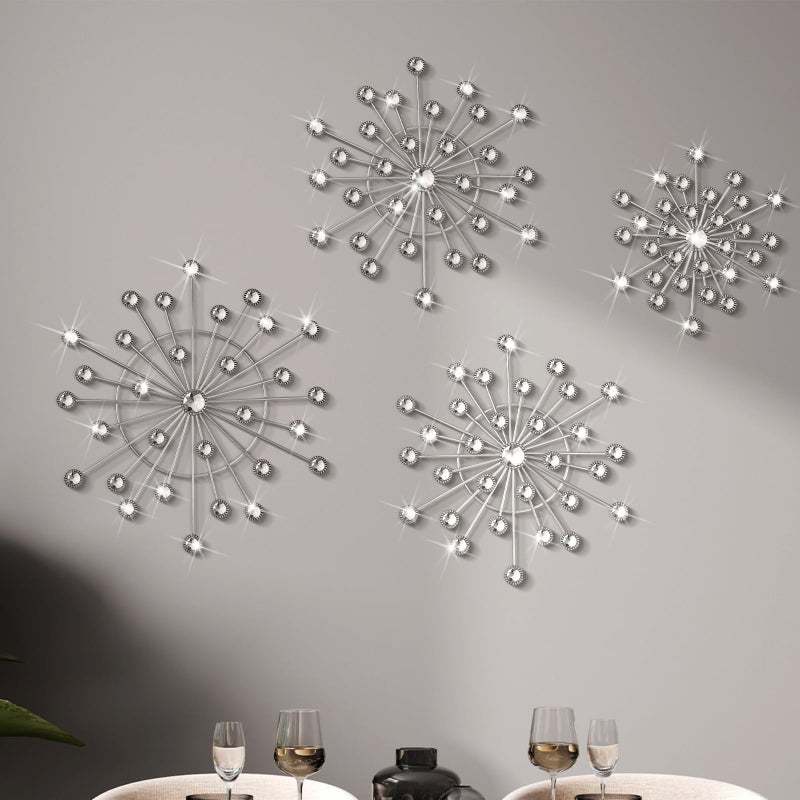 Blulu 4 Pcs Silver Wall Decor Bling Crystal Wall Art Cast Iron Rhinestones Sunburst Decor Metal Starburst Art Hanging Diamond Accents Decorative for Living Room Bedroom EntrywaySilver - Image 2