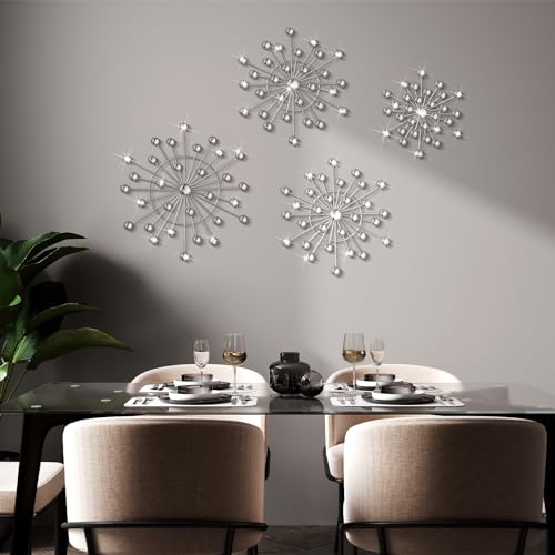 Blulu 4 Pcs Silver Wall Decor Bling Crystal Wall Art Cast Iron Rhinestones Sunburst Decor Metal Starburst Art Hanging Diamond Accents Decorative for Living Room Bedroom EntrywaySilver - Image 3