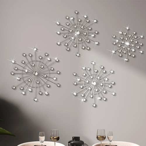 Blulu 4 Pcs Silver Wall Decor Bling Crystal Wall Art Cast Iron Rhinestones Sunburst Decor Metal Starburst Art Hanging Diamond Accents Decorative for Living Room Bedroom EntrywaySilver - Image 1