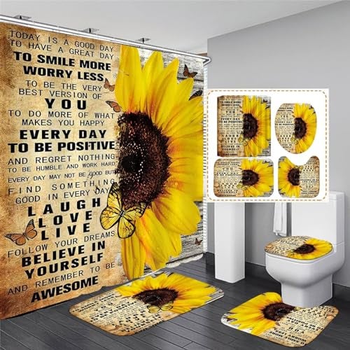 AZHM 4pcs Shower Curtain Sets with Rugs Sunflower Bathroom Set Decor Inspirational Quotes Bathroom Curtains Shower Set with Rugs and Accessories - Image 1