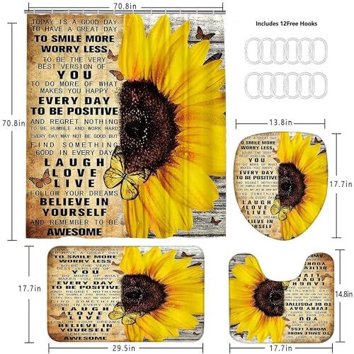 AZHM 4pcs Shower Curtain Sets with Rugs Sunflower Bathroom Set Decor Inspirational Quotes Bathroom Curtains Shower Set with Rugs and Accessories - Image 2