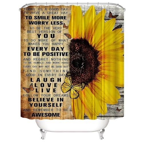 AZHM 4pcs Shower Curtain Sets with Rugs Sunflower Bathroom Set Decor Inspirational Quotes Bathroom Curtains Shower Set with Rugs and Accessories - Image 3