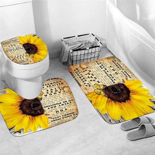 AZHM 4pcs Shower Curtain Sets with Rugs Sunflower Bathroom Set Decor Inspirational Quotes Bathroom Curtains Shower Set with Rugs and Accessories - Image 4