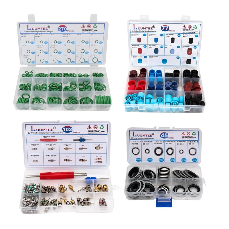 Luumtee 4 Set Car A/C Repair Kits,270pcs O-Ring Seals Kit+102PCS A/C Valve Core Kit+77pcs Charging Port Dust Caps+45pcs Compressor Gasket Seals(494PCS) - Image 1