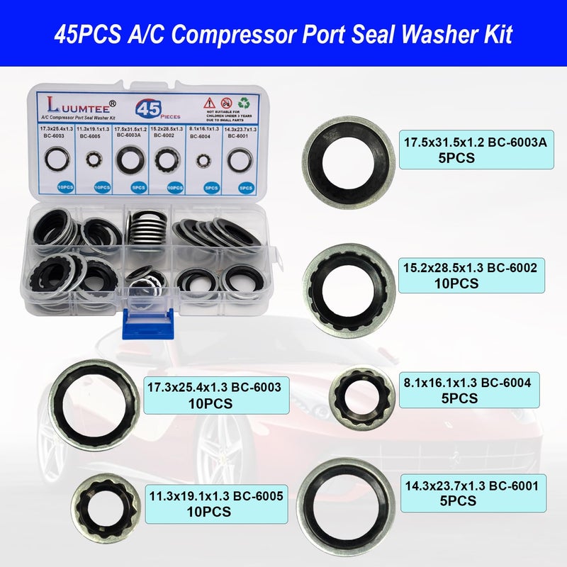 Luumtee 4 Set Car A/C Repair Kits,270pcs O-Ring Seals Kit+102PCS A/C Valve Core Kit+77pcs Charging Port Dust Caps+45pcs Compressor Gasket Seals(494PCS) - Image 4