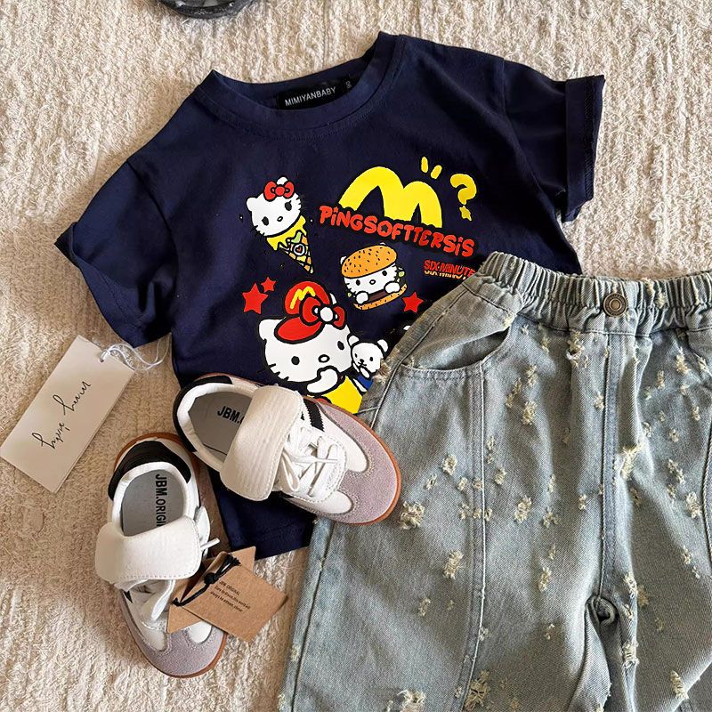 100 Cotton Arrival Cute Hello Kitty All-Match Styliy Short-Sleeved T-Shirt Girls' Top Korean-Style Base Shirt - Image 3