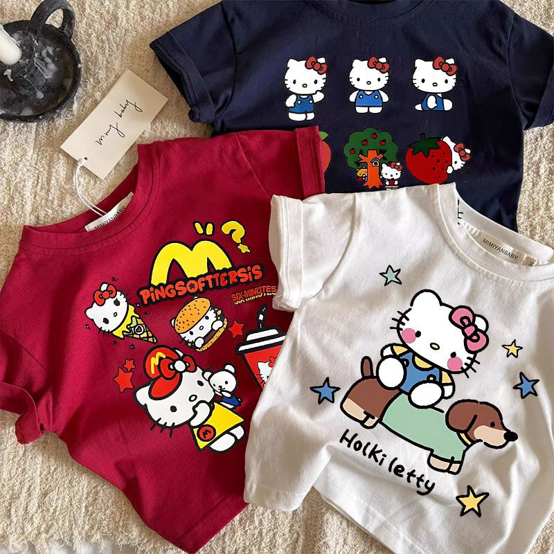 100 Cotton Arrival Cute Hello Kitty All-Match Styliy Short-Sleeved T-Shirt Girls' Top Korean-Style Base Shirt - Image 2