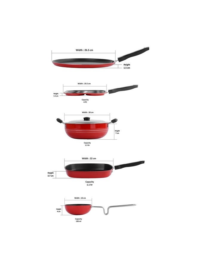 Sumeet 2.6mm Thick Non-Stick Redish Cookware set (Dosa Tawa - 26.5cm Dia + Multi snack maker - 26.5cm Dia + Grill Pan - 1.1Ltr Capacity - 22cm Dia + Kadhai with Lid - 1.5Ltr + Tadka Pan - 10cm Dia) - Image 4