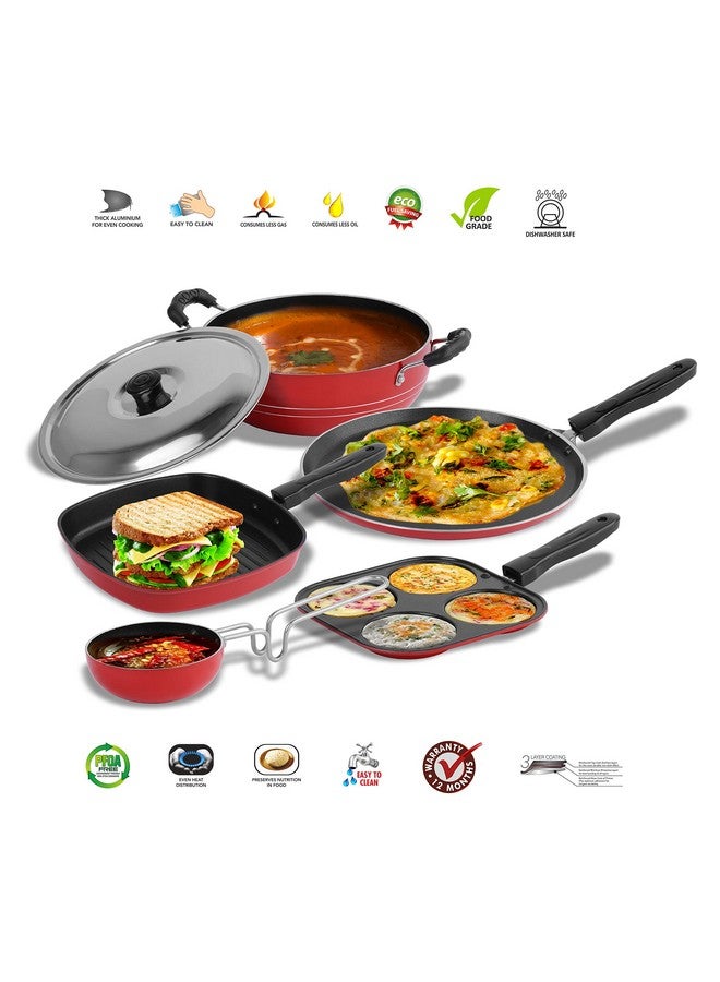 Sumeet 2.6mm Thick Non-Stick Redish Cookware set (Dosa Tawa - 26.5cm Dia + Multi snack maker - 26.5cm Dia + Grill Pan - 1.1Ltr Capacity - 22cm Dia + Kadhai with Lid - 1.5Ltr + Tadka Pan - 10cm Dia) - Image 2