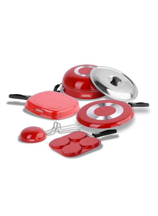 Sumeet 2.6mm Thick Non-Stick Redish Cookware set (Dosa Tawa - 26.5cm Dia + Multi snack maker - 26.5cm Dia + Grill Pan - 1.1Ltr Capacity - 22cm Dia + Kadhai with Lid - 1.5Ltr + Tadka Pan - 10cm Dia) - Image 3