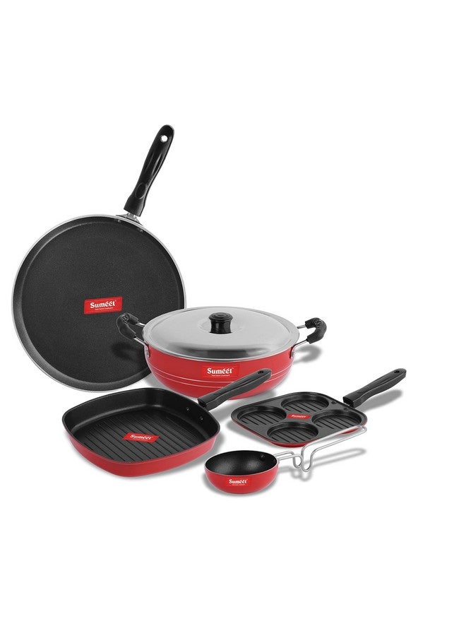 Sumeet 2.6mm Thick Non-Stick Redish Cookware set (Dosa Tawa - 26.5cm Dia + Multi snack maker - 26.5cm Dia + Grill Pan - 1.1Ltr Capacity - 22cm Dia + Kadhai with Lid - 1.5Ltr + Tadka Pan - 10cm Dia) - Image 1