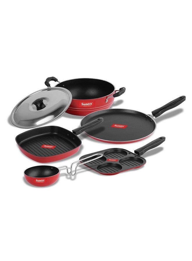 Sumeet 2.6mm Thick Non-Stick Redish Cookware set (Dosa Tawa - 26.5cm Dia + Multi snack maker - 26.5cm Dia + Grill Pan - 1.1Ltr Capacity - 22cm Dia + Kadhai with Lid - 1.5Ltr + Tadka Pan - 10cm Dia) - Image 5
