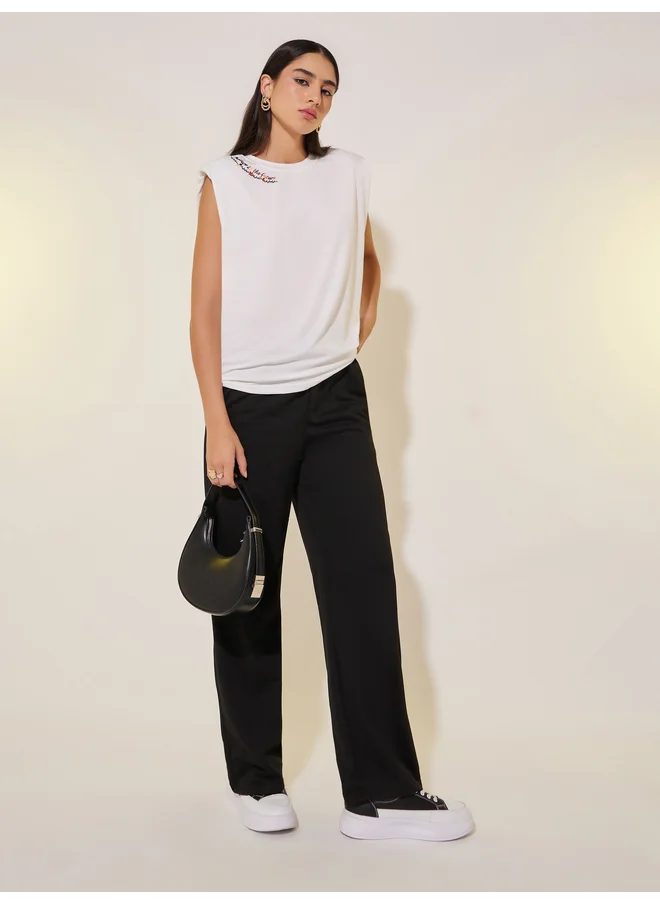 تايك تو Take Two Embroidered Round Neck Sleeveless T-Shirt