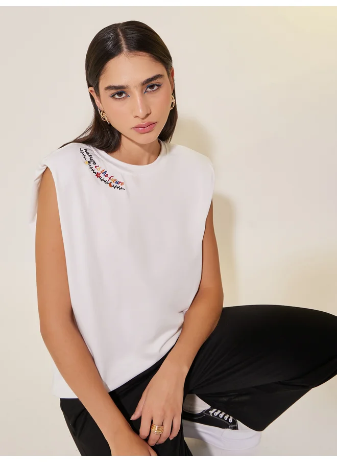 تايك تو Take Two Embroidered Round Neck Sleeveless T-Shirt