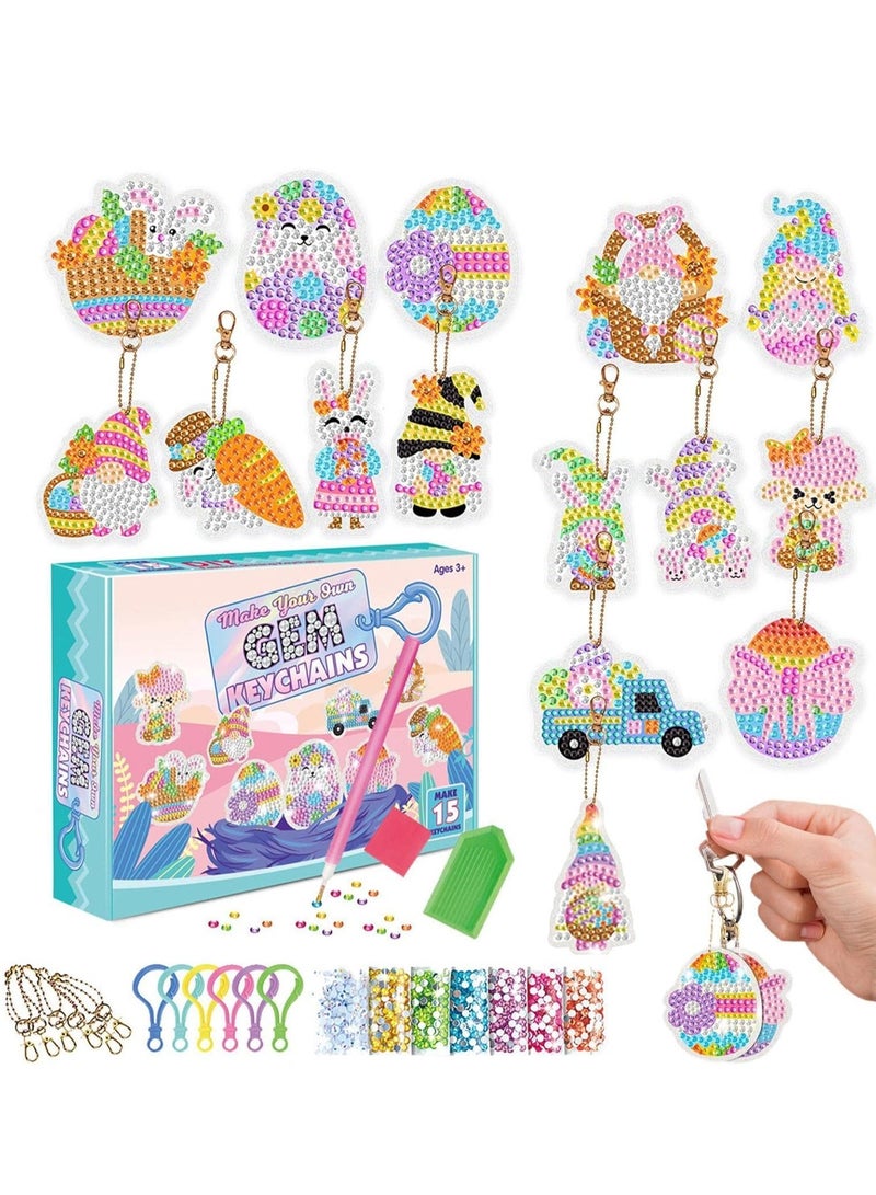 15-Piece Diamond Painting Kit For Kids with Keychains, Diamond Dot Gem Art Kits, DIY Gem Rabbit Painting Keychain Craft Kit for Children Gift Ages 3+  - Image 1