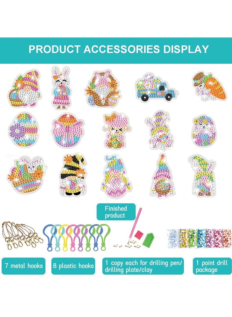 15-Piece Diamond Painting Kit For Kids with Keychains, Diamond Dot Gem Art Kits, DIY Gem Rabbit Painting Keychain Craft Kit for Children Gift Ages 3+  - Image 2