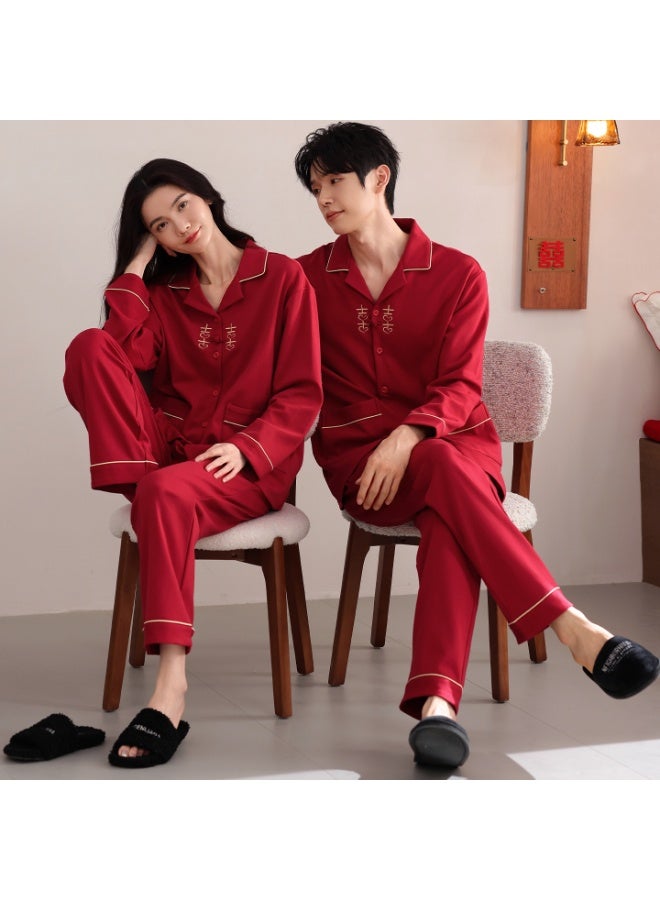 Couple's Red Pyjamas Pure Cotton Long Sleeve Spring Autumn Version Wedding Couple's Home Clothes For Men Women - Image 1