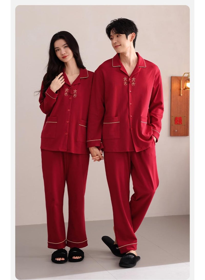 Couple's Red Pyjamas Pure Cotton Long Sleeve Spring Autumn Version Wedding Couple's Home Clothes For Men Women - Image 2