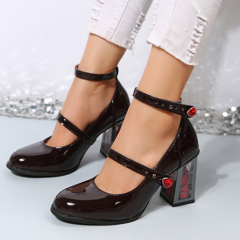 Large Size Rose Chunky Heels French Mary Jane Shoes Vintage Single-Layer Shoes - Image 3