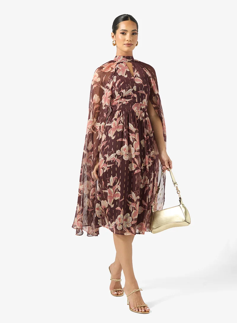 Frock and Frill Printed Cape Sleeve Midi Dress