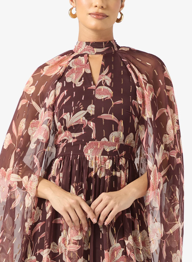 Frock and Frill Printed Cape Sleeve Midi Dress