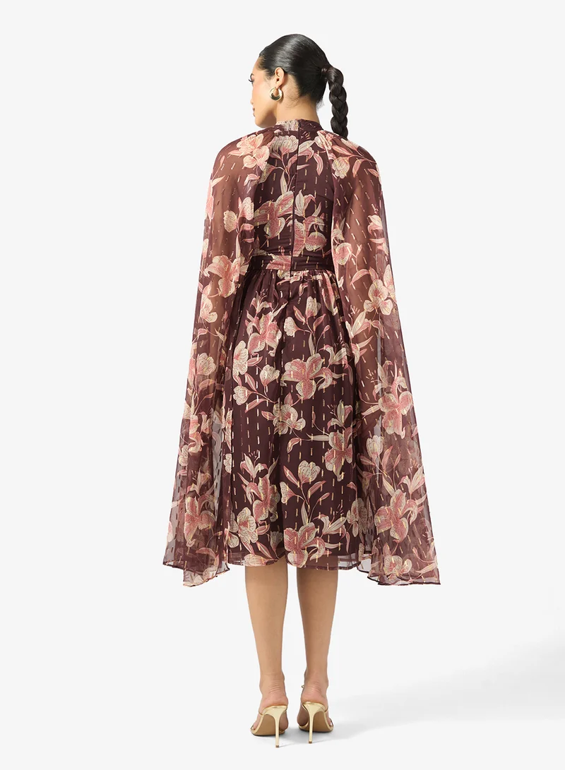 Frock and Frill Printed Cape Sleeve Midi Dress