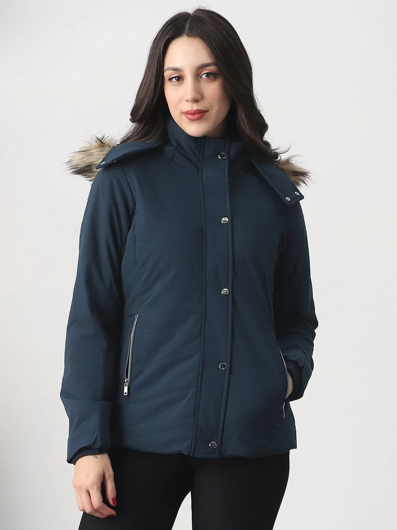 جلو باص جاكيت نسائي مبطن بياقة عالية أزرق داكن من جلوبس بغطاء رأس قابل للإزالة بفرو صناعي