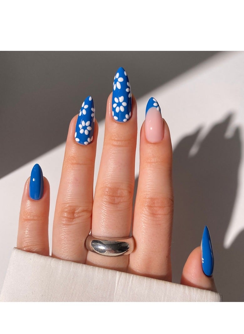 24 Pcs Almond Press on Nails, Blue with White Daisy Print & Pink Ombre Nails, Glossy Stick-on Nails with Gel Glue, Nail File, Cleaning Pad, Wooden Stick, Easy to Apply & Long-Lasting - Image 1