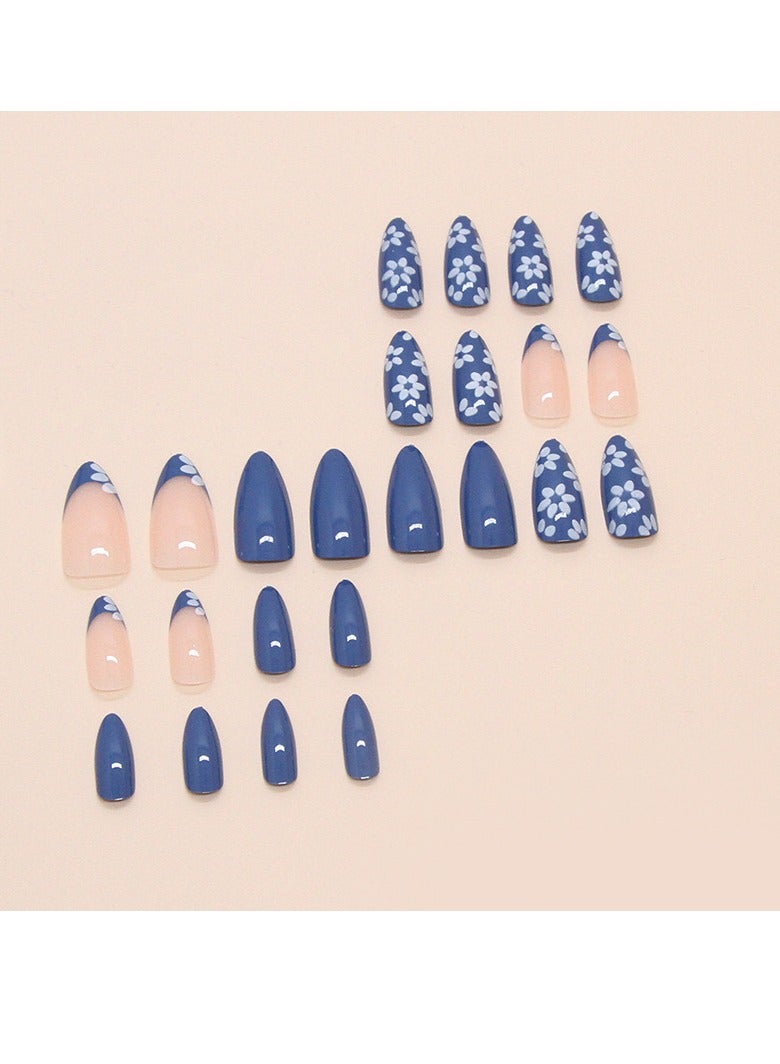 24 Pcs Almond Press on Nails, Blue with White Daisy Print & Pink Ombre Nails, Glossy Stick-on Nails with Gel Glue, Nail File, Cleaning Pad, Wooden Stick, Easy to Apply & Long-Lasting - Image 2