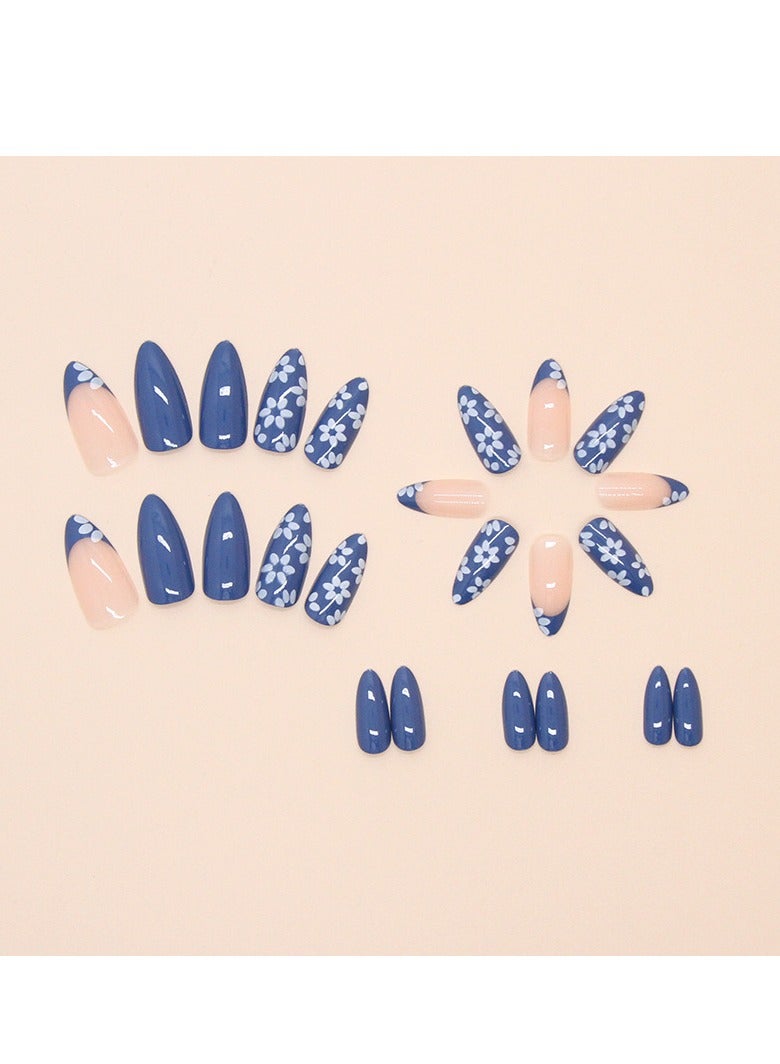 24 Pcs Almond Press on Nails, Blue with White Daisy Print & Pink Ombre Nails, Glossy Stick-on Nails with Gel Glue, Nail File, Cleaning Pad, Wooden Stick, Easy to Apply & Long-Lasting - Image 3