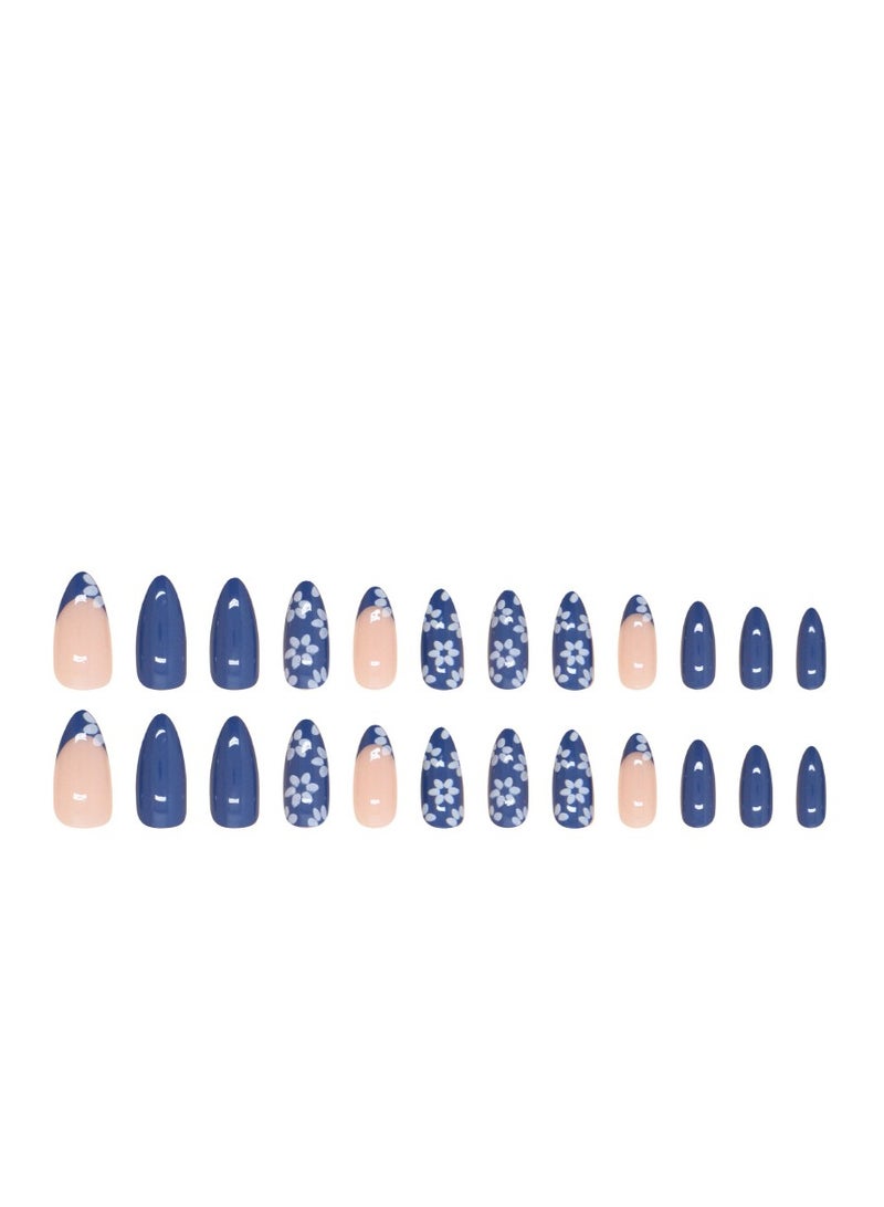 24 Pcs Almond Press on Nails, Blue with White Daisy Print & Pink Ombre Nails, Glossy Stick-on Nails with Gel Glue, Nail File, Cleaning Pad, Wooden Stick, Easy to Apply & Long-Lasting - Image 4