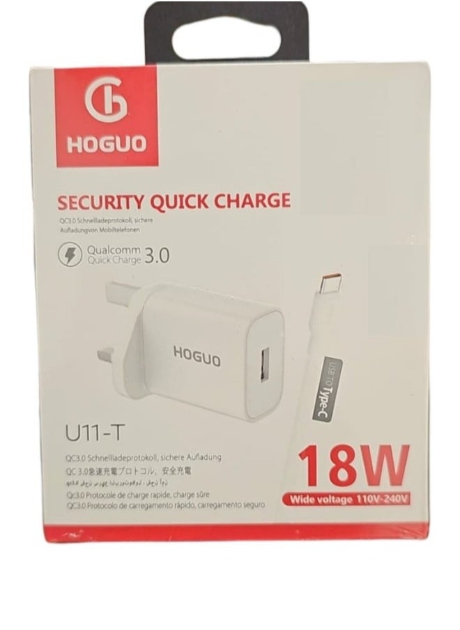 HOGUO - شاحن حائط Hoguo مزود بتقنية الشحن السريع الآمن مع كابل من النوع C ومنفذ USB بقدرة 18 وات باللون الأبيض - Image 1
