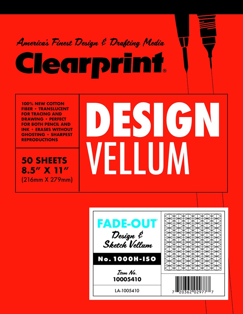 Clearprint 8-1/2" x 11" 1000H Design Vellum Pad with Printed Fade-Out 30-Degree Isometric Grid, 16 lb., 100% Cotton, 50 Sheets, 1 Each - Image 1