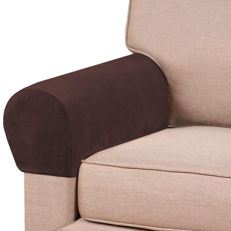 PrinceDeco 2 Pack Thick Velvet Stretch Armrest Covers for Chairs and Sofas  Non Slip Armchair Covers for Arms Brown